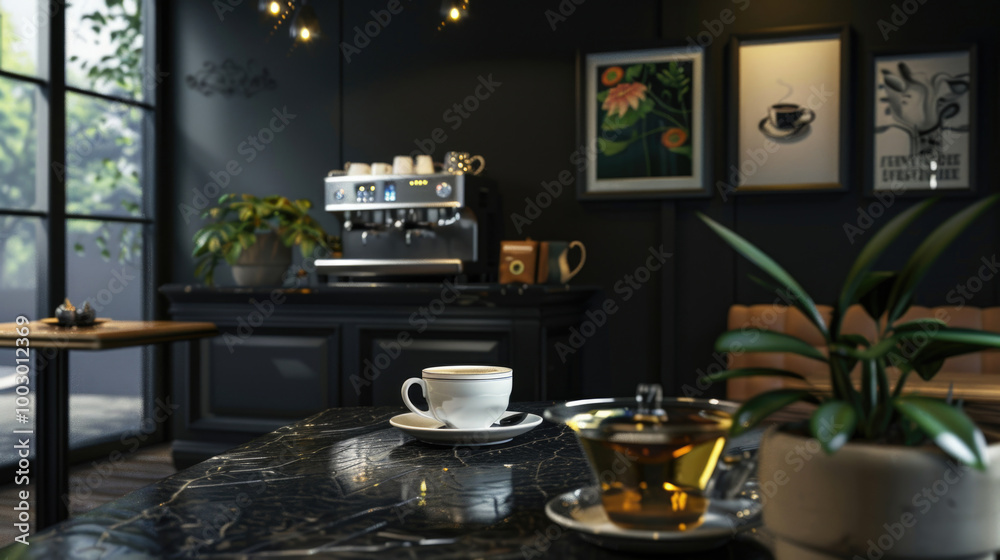 Cozy Modern Coffee Shop Interior with Espresso Machine and Stylish Decor in Natural Light Cozy Modern Coffee Shop Interior with Espresso Machine and Stylish Decor in Natural Light