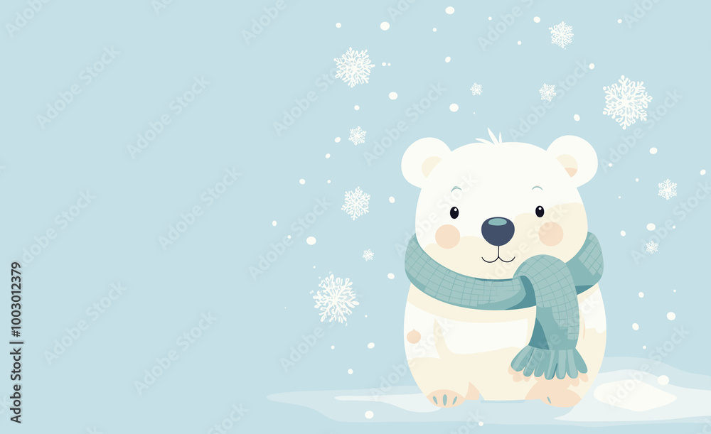 Cute polar bear with scarf smiling in snowy winter scene Cute polar bear with scarf smiling in snowy winter scene