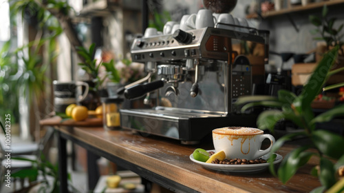 Cozy Coffee Shop Interior with Modern Espresso Machine and Cappuccino on Wooden Counter Surrounded by Green Plants