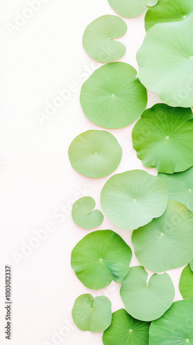 Lush green lotus leaves arranged beautifully on light background