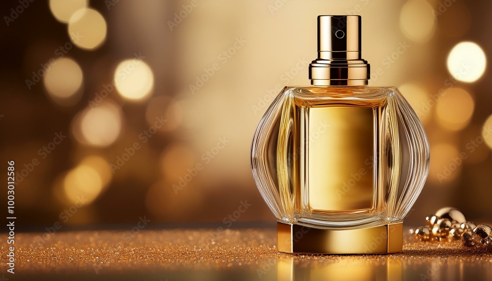 A gold-plated perfume bottle on a fancy background with copy space A gold-plated perfume bottle on a fancy background with copy space