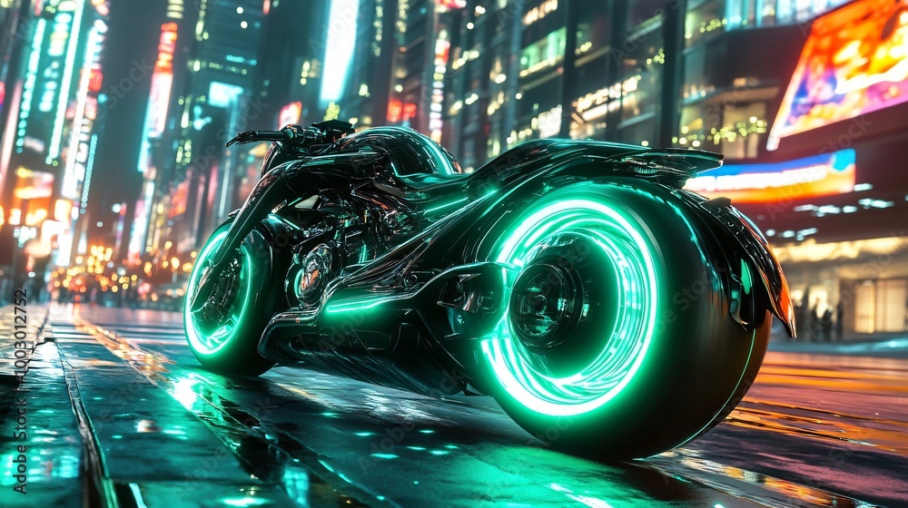 Futuristic motorcycle with glowing green lights parked on a city street at night. Futuristic motorcycle with glowing green lights parked on a city street at night.