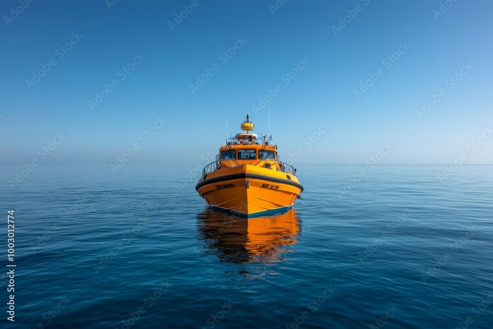 Serene Oceanic Symmetry Bright Orange Boat SEA HUNTER Reflecting on Calm Waters Serene Oceanic Symmetry Bright Orange Boat SEA HUNTER Reflecting on Calm Waters