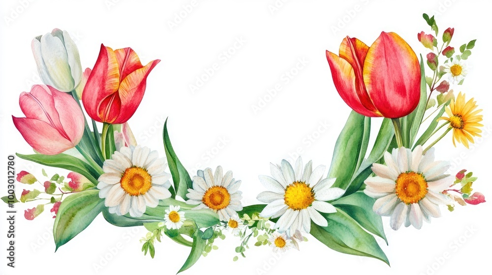 Bright watercolor wreath featuring tulips, daisies, and mint leaves on a blank white background, colorful and fresh Bright watercolor wreath featuring tulips, daisies, and mint leaves on a blank white background, colorful and fresh