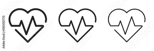 Cardiogram heart beat black isolated outlined illustration set for medicine. Vector icons in flat style