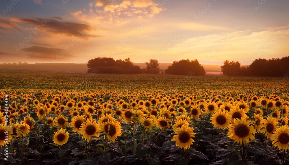 Fototapeta premium serene sunflower fields at dawn or dusk