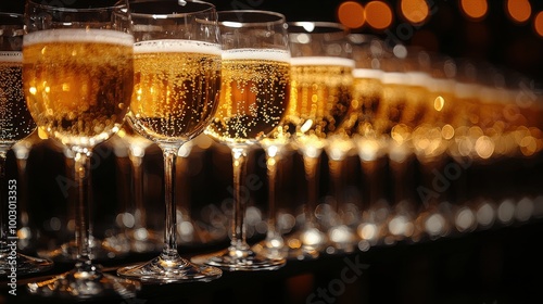 A row of elegant wine glasses filled with sparkling golden liquid displayed against a blurred background of warm lights