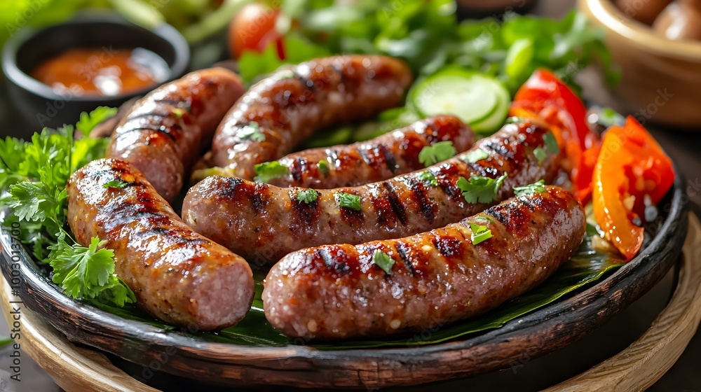 Grilled sausages with fresh herbs and vegetables on a plate. Grilled sausages with fresh herbs and vegetables on a plate.