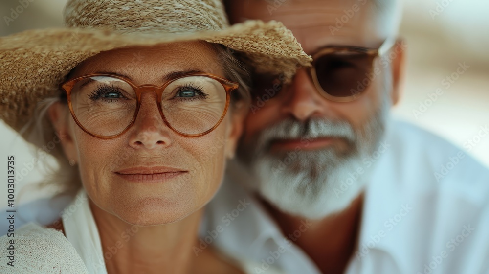 A close-up of a content elderly couple wearing fashionable summer hats and glasses, capturing the warmth and happiness of a sunlit day spent together, smiling softly. A close-up of a content elderly couple wearing fashionable summer hats and glasses, capturing the warmth and happiness of a sunlit day spent together, smiling softly.