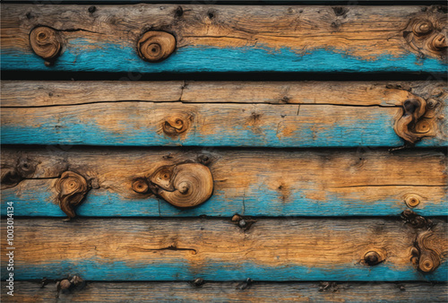 Old Weathered Rotten Cracked Square Timber Bollard, Bleached and Stained Blue, Vignette, Grunge Surface Texture Detail.