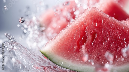 Close-up of a watermelon slice interacting with water, with droplets highlighted in the air, representing vitality and refreshed sensations, ideal for summer themes. photo