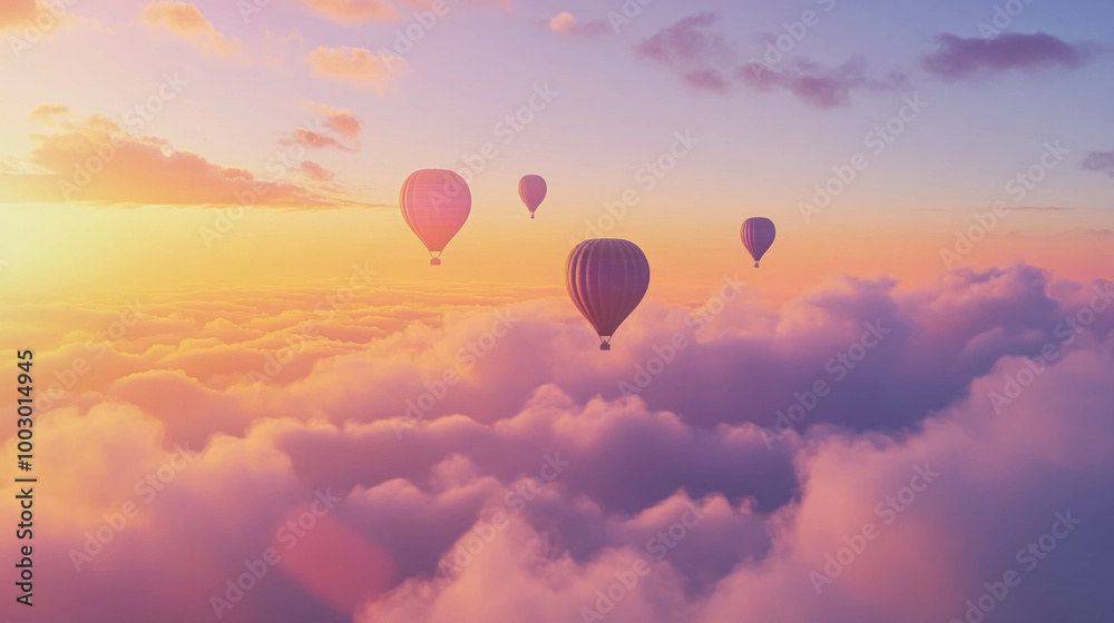 Fototapeta premium Multiple Hot Air Balloons Floating Gently Above The Clouds At Sunrise, The Sky With Warm Hues Of Orange, Pink, And Purple