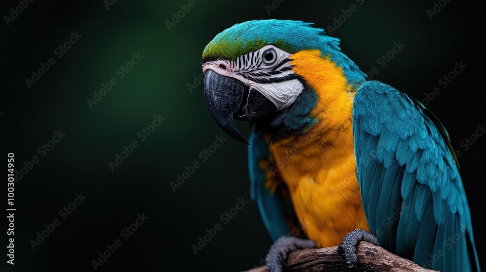 Fototapeta premium A majestic parrot stands proudly, its rich colorful plumage offering a stunning display of contrast and texture, celebrating colorful expressions of nature.