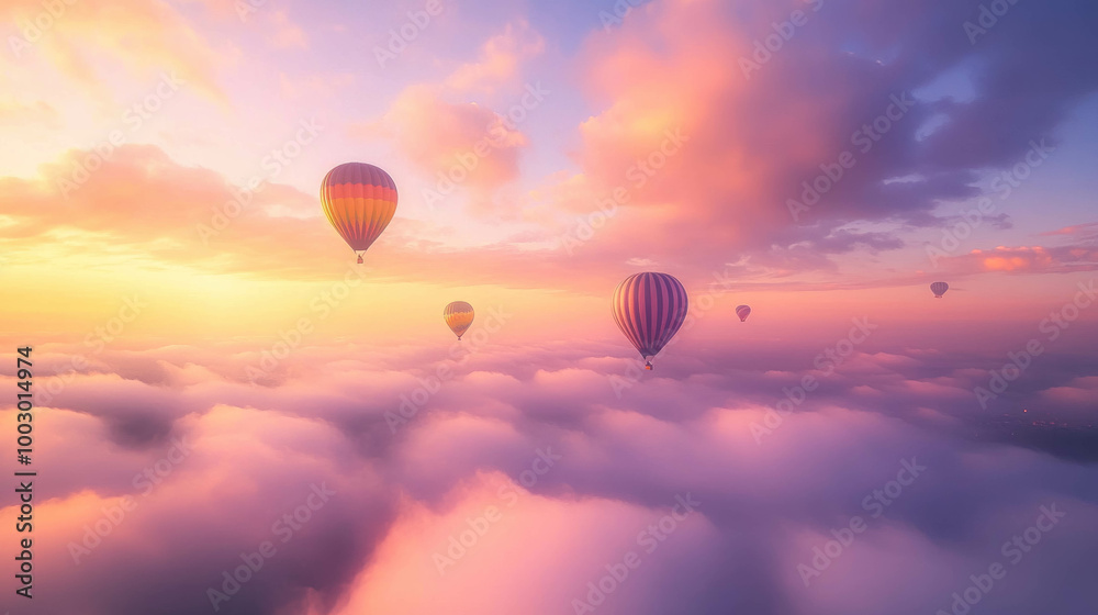 Multiple Hot Air Balloons Floating Gently Above The Clouds At Sunrise, The Sky With Warm Hues Of Orange, Pink, And Purple Multiple Hot Air Balloons Floating Gently Above The Clouds At Sunrise, The Sky With Warm Hues Of Orange, Pink, And Purple