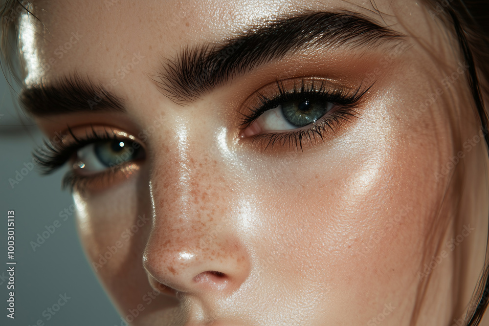 Fototapeta premium Fashion model with flawless makeup in a high-fashion editorial shoot, highlighting beauty and glamour.