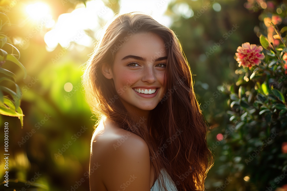 Model with a radiant smile in a sunlit garden, emphasizing natural beauty and joy. A woman is joyfully smiling in front of a beautiful bush of flowers Model with a radiant smile in a sunlit garden, emphasizing natural beauty and joy. A woman is joyfully smiling in front of a beautiful bush of flowers