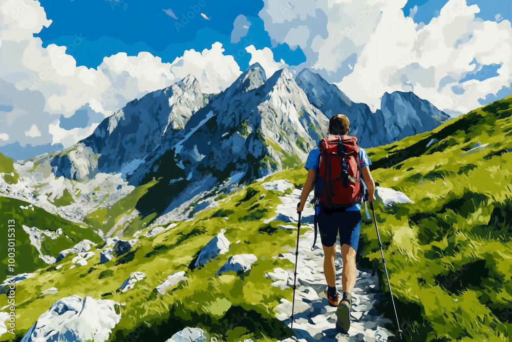 Hiker ascending a steep rocky trail, with rugged cliffs towering overhead and a sense of adventure in the air Hiker ascending a steep rocky trail, with rugged cliffs towering overhead and a sense of adventure in the air