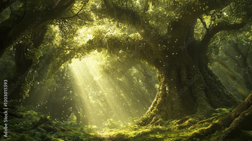 Towering trees dominate the ancient forest, their leaves forming a lush green canopy. Sunlight streams through, casting a warm glow on the forest floor, creating a tranquil ambiance Towering trees dominate the ancient forest, their leaves forming a lush green canopy. Sunlight streams through, casting a warm glow on the forest floor, creating a tranquil ambiance