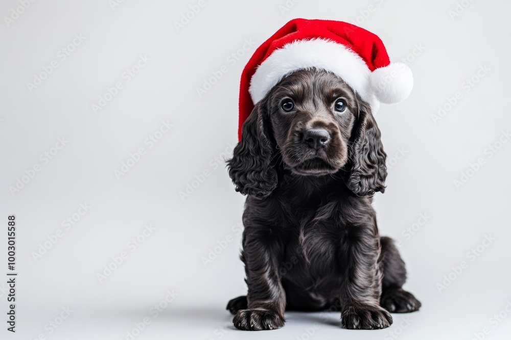 A black puppy adorned with a festive Christmas hat sits adorably on a light background, exuding holiday cheer and cuteness