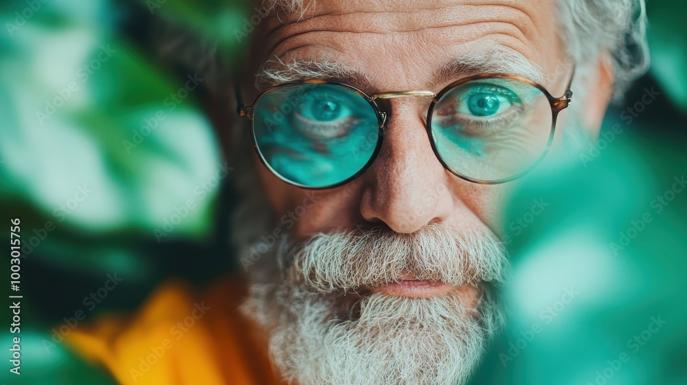 A bearded elderly man with round glasses, appearing thoughtful, is enveloped by lush green leaves in an introspective and serene setting, evoking contemplation.