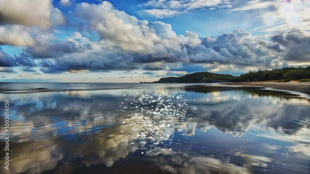 Clouds reflected in a calm body of water near a beach Clouds reflected in a calm body of water near a beach