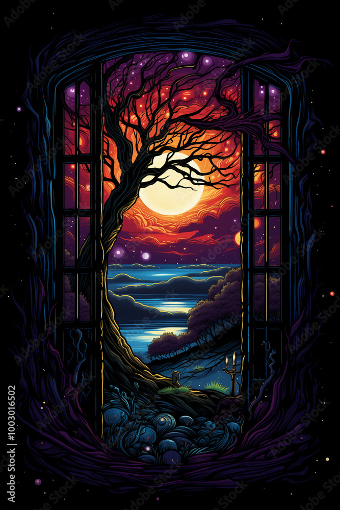 Fototapeta premium Artistic window scene with vibrant sunset and tree design for t-shirt print 