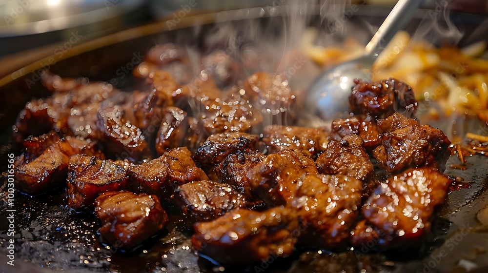 Juicy glazed cattle chunks being skillfully cooked