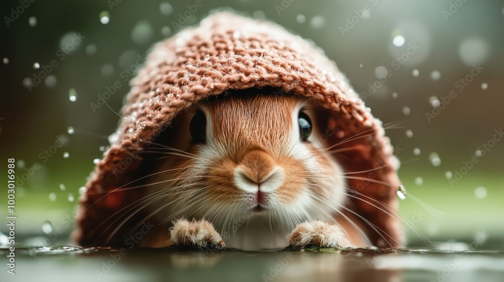 Fototapeta premium This charming picture shows a cute bunny in a cozy knit hood, peering curiously amidst gentle rain, evoking feelings of coziness and intrigue.