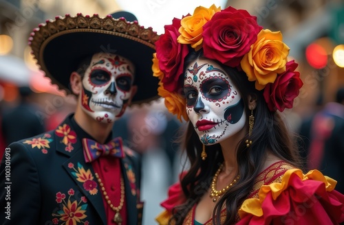 Dia de los muertos celebration. Traditional Day of the Dead party. Halloween in Mexico. Mexican girl and man in traditional make up and Catrina costume with a scull.