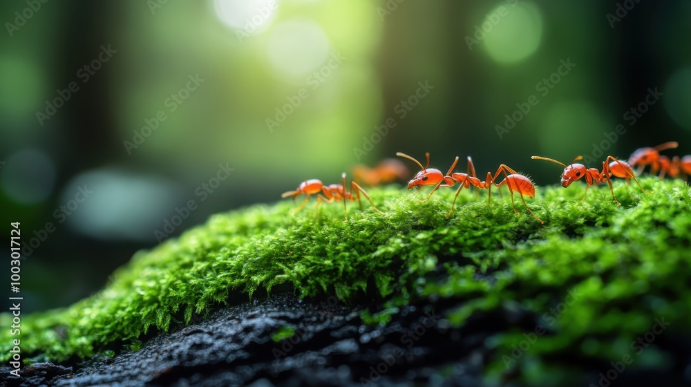 A close-up shot of vibrant red ants as they explore the lush green moss covering tree bark, highlighting the intricate details and dynamic contrast in natural life. A close-up shot of vibrant red ants as they explore the lush green moss covering tree bark, highlighting the intricate details and dynamic contrast in natural life.
