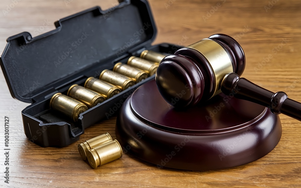 Gavel and gun bullet shell on table. Firearm law and legal issue Gavel and gun bullet shell on table. Firearm law and legal issue