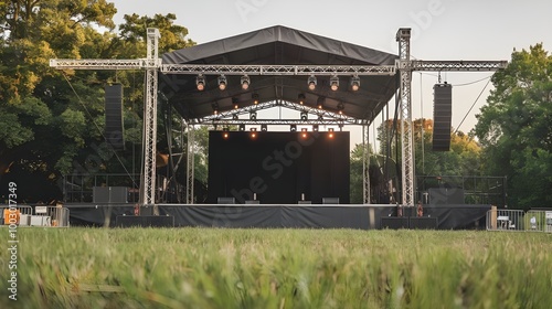 Empty Stage Setup for Outdoor Concert with Grass and Trees photo