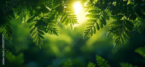 Sunlight filtering through green leaves in a forest.