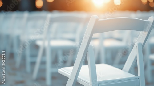 A bright white folding chair prominently in sunlight is the lead in a neatly arranged series of seats, awaiting guests for an upcoming outdoor gathering or event. photo