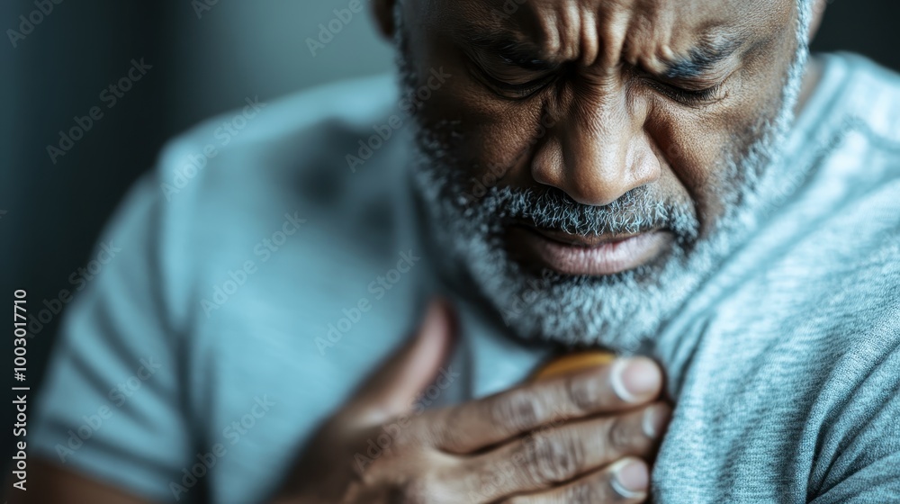 A man with a serious expression, holding his chest with one hand, wearing a grey shirt, is seen deep in thought, illustrating a moment of concern or introspection.