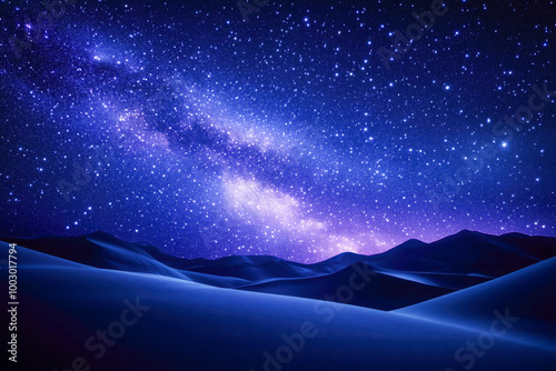 Mystical desert night, with sand dunes silhouetted against a sky ablaze with countless stars