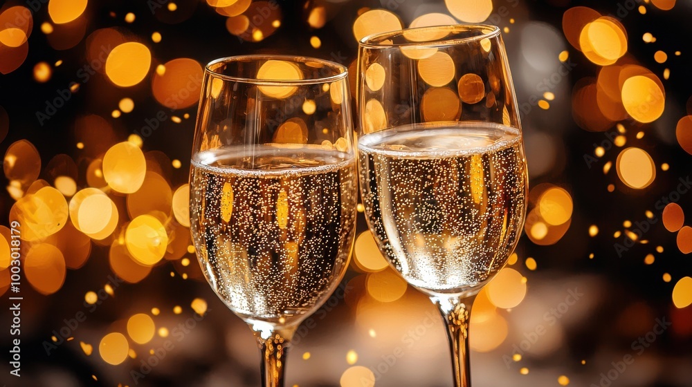 Celebration with champagne flutes filled with sparkling bubbles against a backdrop of warm, glowing lights Celebration with champagne flutes filled with sparkling bubbles against a backdrop of warm, glowing lights