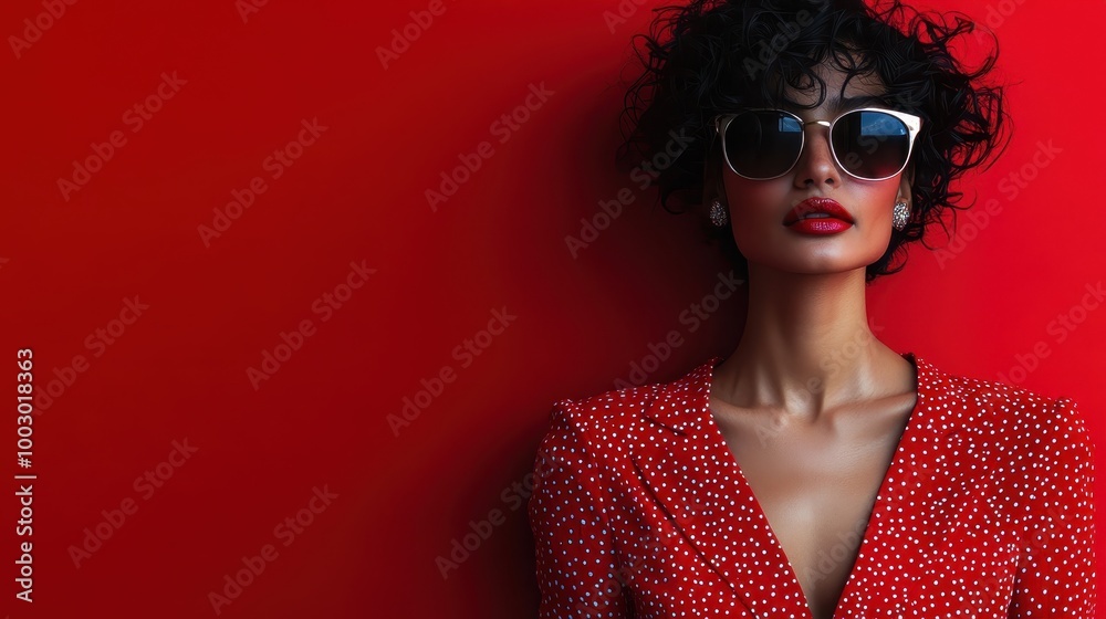 A stylish woman in a red polka-dot outfit and sunglasses stands confidently against a red backdrop, exuding fashion, vibrancy, and boldness. A stylish woman in a red polka-dot outfit and sunglasses stands confidently against a red backdrop, exuding fashion, vibrancy, and boldness.