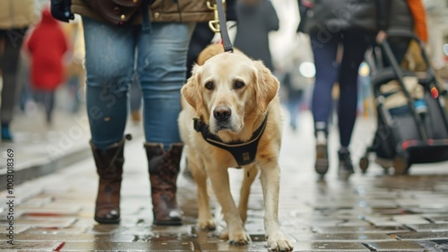 Guide dog walking with owner on a busy city street.