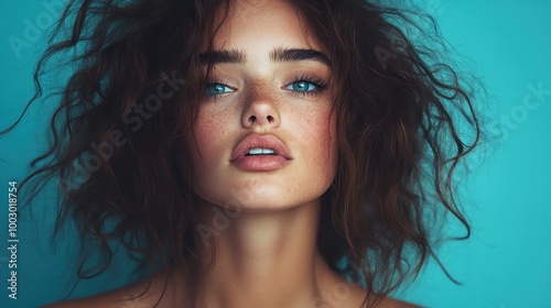 A captivating portrait of a person with curly hair, blue eyes, and prominent eyebrows against a blue background, conveying emotion and striking individuality. photo