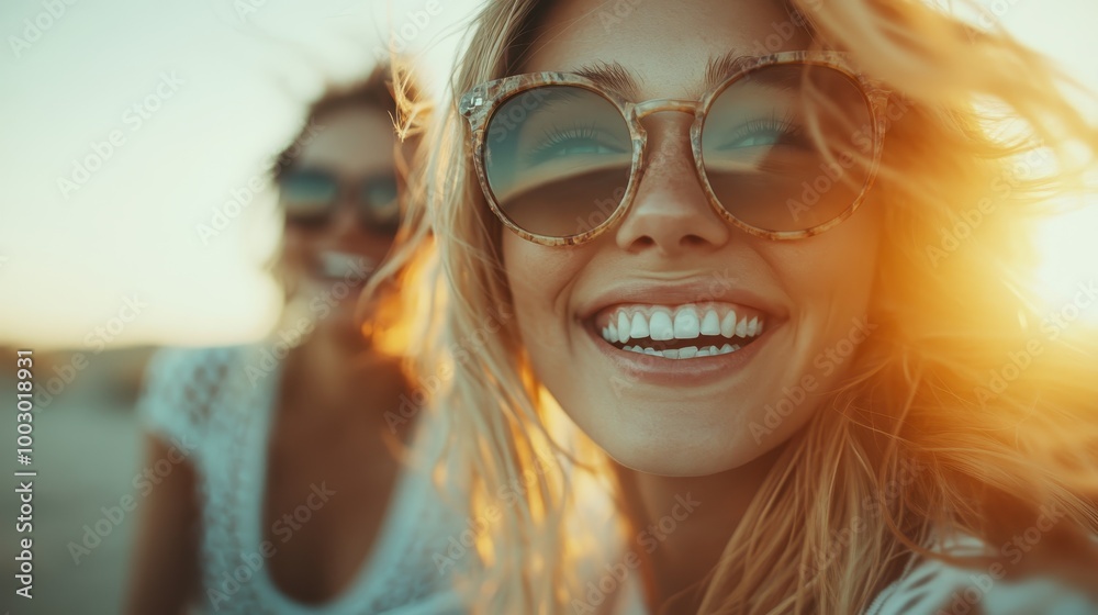 A cheerful woman with blonde hair and large sunglasses smiles brightly in the sun, creating a warm and inviting beach atmosphere during a beautiful day. A cheerful woman with blonde hair and large sunglasses smiles brightly in the sun, creating a warm and inviting beach atmosphere during a beautiful day.