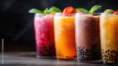 Wallpaper Mural A vibrant display of bubble tea glasses filled with colorful liquid adorned with fresh fruit and mint, showcasing a delightful and refreshing beverage selection. Torontodigital.ca