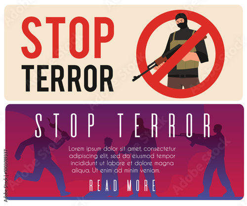 A set of vector posters about the fight against terrorism, which depict silhouettes in balaclavas