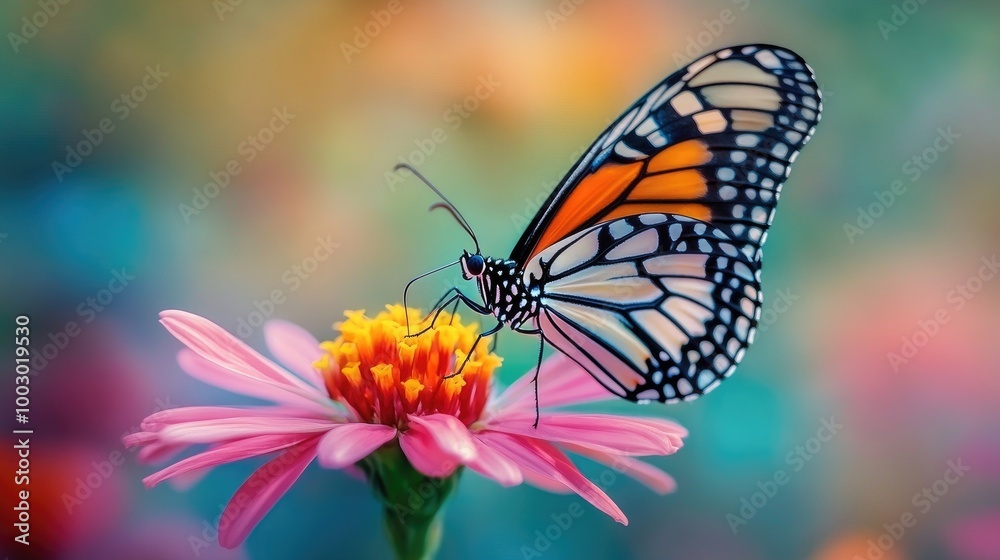 Colorful Butterfly on Blooming Flower in Nature Colorful Butterfly on Blooming Flower in Nature