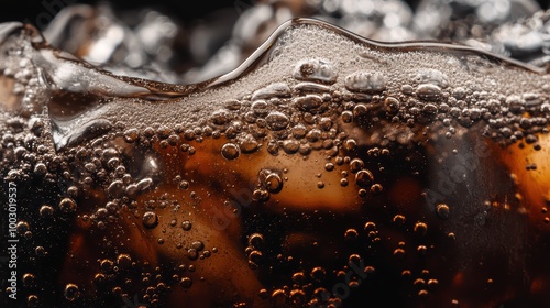 Close-up of effervescent bubbles in dark soft drink