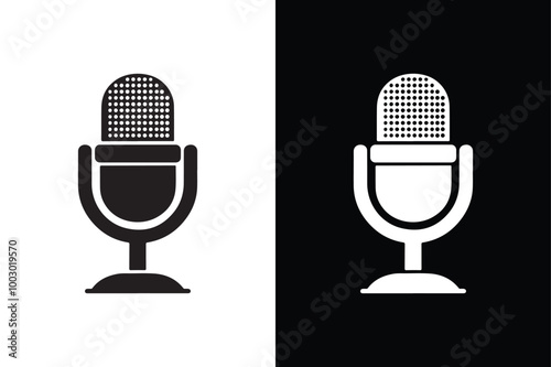 Classic Black And White Microphone Silhouette Vector Icon.