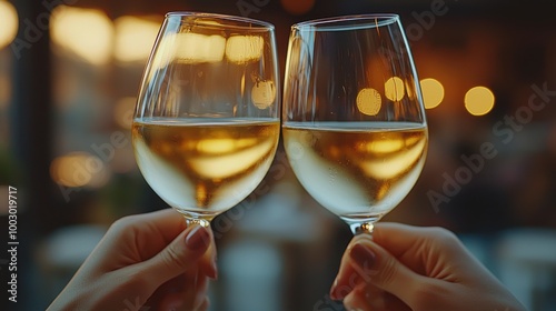 Toasting with white wine glasses during a warm evening gathering at a cozy restaurant