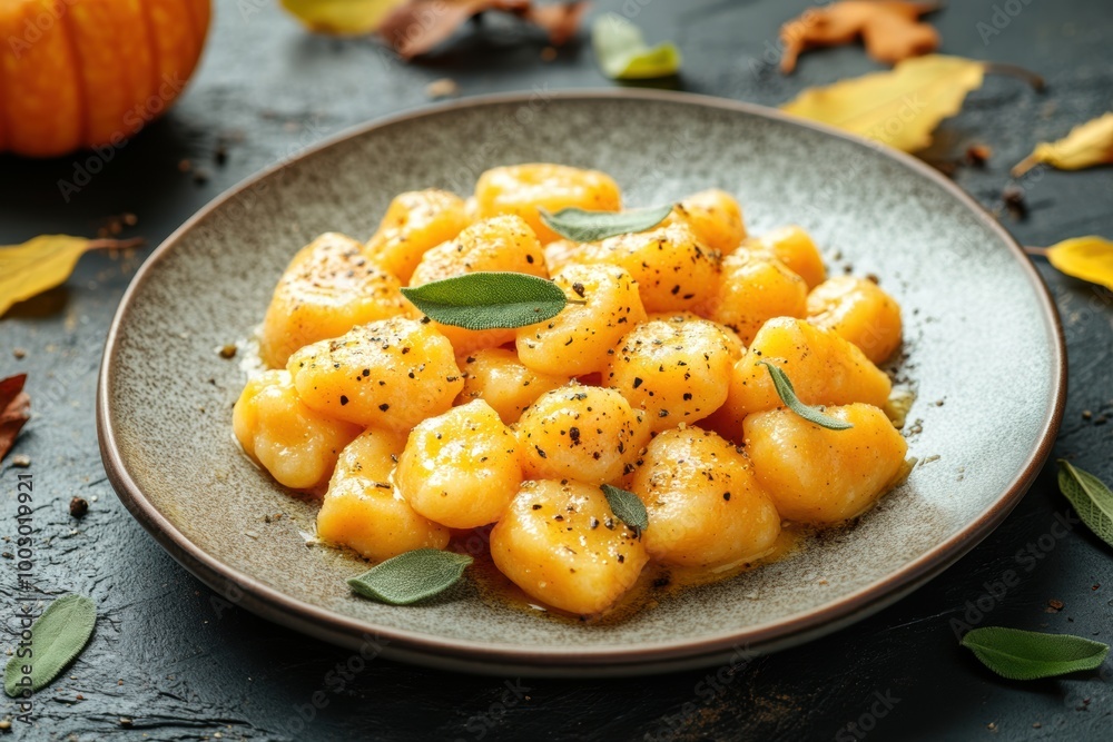 plate of pumpkin gnocchi in sage butter sauce, a comforting autumn dish, displayed as a concept banner plate of pumpkin gnocchi in sage butter sauce, a comforting autumn dish, displayed as a concept banner