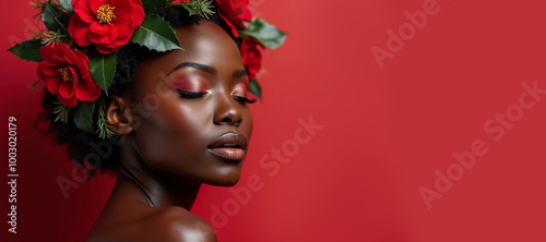 Portrait of an African woman with a Christmas wreath on her head on a red background.