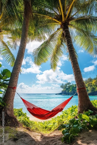 Relaxing in a red hammock between palm trees on a tranquil beach in tropical ...